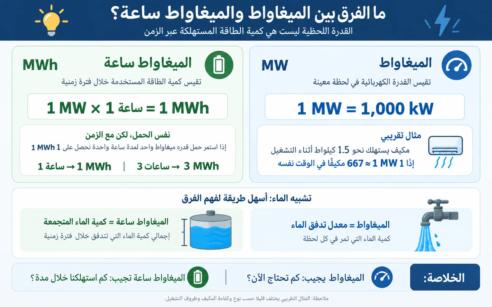 إنفوجرافيك يشرح الفرق بين الميغاواط والميغاواط ساعة: الميغاواط (MW) يقيس القدرة الكهربائية في لحظة معينة، حيث 1 MW يساوي 1000 kW ويكفي لتشغيل نحو 667 مكيفا بقدرة 1.5 kW في الوقت نفسه؛ والميغاواط ساعة (MWh) يقيس كمية الطاقة المستخدمة خلال فترة زمنية، حيث 1 MW لمدة ساعة واحدة يساوي 1 MWh. مع تشبيه الماء: الميغاواط هو معدل تدفق الماء من الصنبور، والميغاواط ساعة هو كمية الماء المتجمعة في الخزان. الخلاصة: الميغاواط يجيب عن سؤال كم نحتاج الآن، والميغاواط ساعة يجيب عن سؤال كم استهلكنا خلال مدة.
