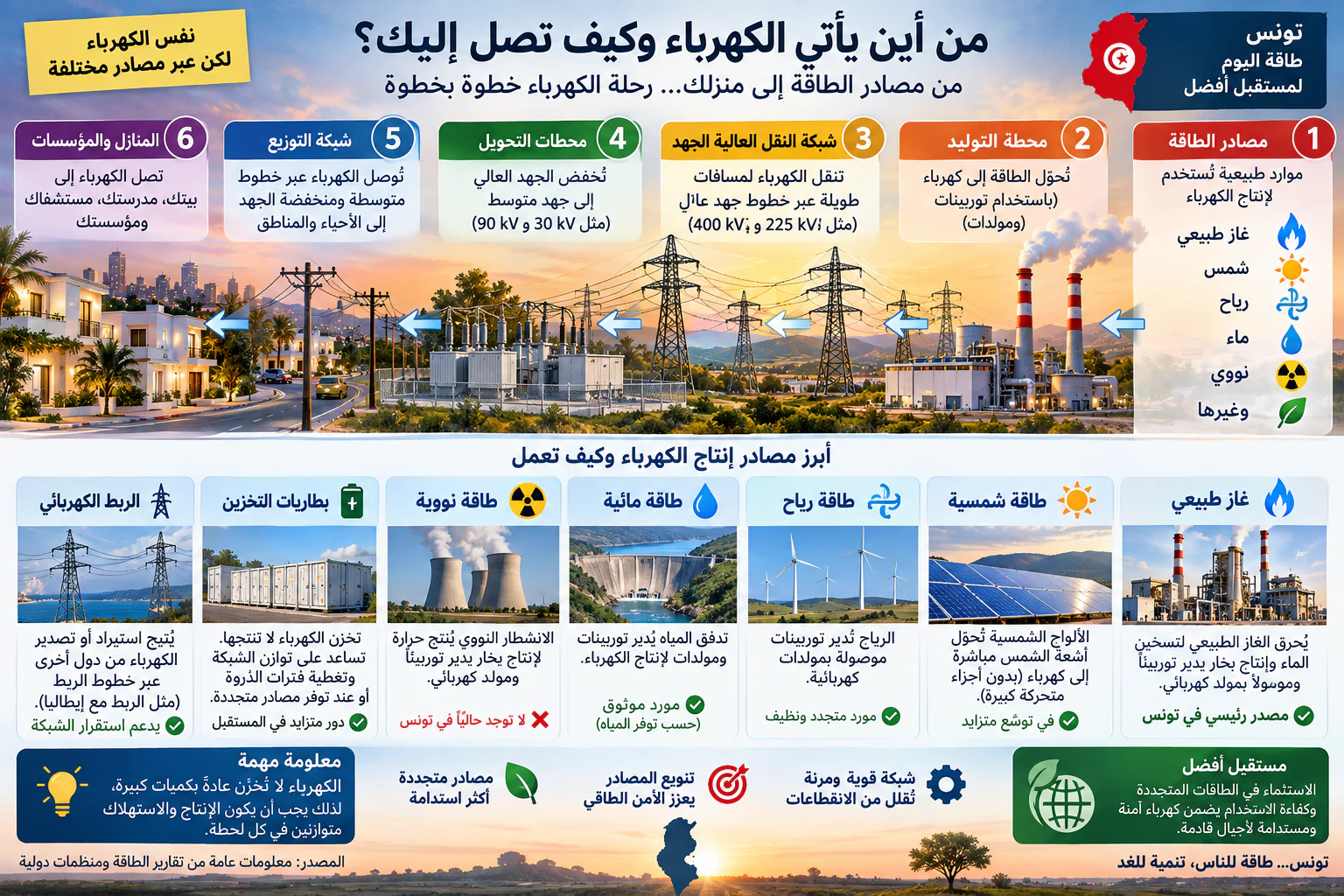 إنفوجرافيك بعنوان «من أين يأتي الكهرباء وكيف تصل إليك؟» يعرض رحلة الكهرباء في تونس في ست خطوات من اليمين إلى اليسار: (1) مصادر الطاقة الطبيعية مثل الغاز الطبيعي والشمس والرياح والماء؛ (2) محطة التوليد التي تحوّل الطاقة إلى كهرباء باستخدام توربينات ومولدات؛ (3) شبكة النقل عالية الجهد التي تنقل الكهرباء لمسافات طويلة؛ (4) محطات التحويل التي تخفض الجهد العالي إلى جهد متوسط؛ (5) شبكة التوزيع بخطوط متوسطة ومنخفضة الجهد؛ (6) المنازل والمؤسسات. وفي الأسفل لوحات تعرّف بأبرز مصادر الإنتاج (الغاز الطبيعي كمصدر رئيسي في تونس، الطاقة الشمسية، الرياح، الطاقة المائية، الطاقة النووية غير الموجودة حاليا في تونس)، وببطاريات التخزين التي تخزن الكهرباء ولا تنتجها، وبالربط الكهربائي الذي يتيح استيراد أو تصدير الكهرباء.