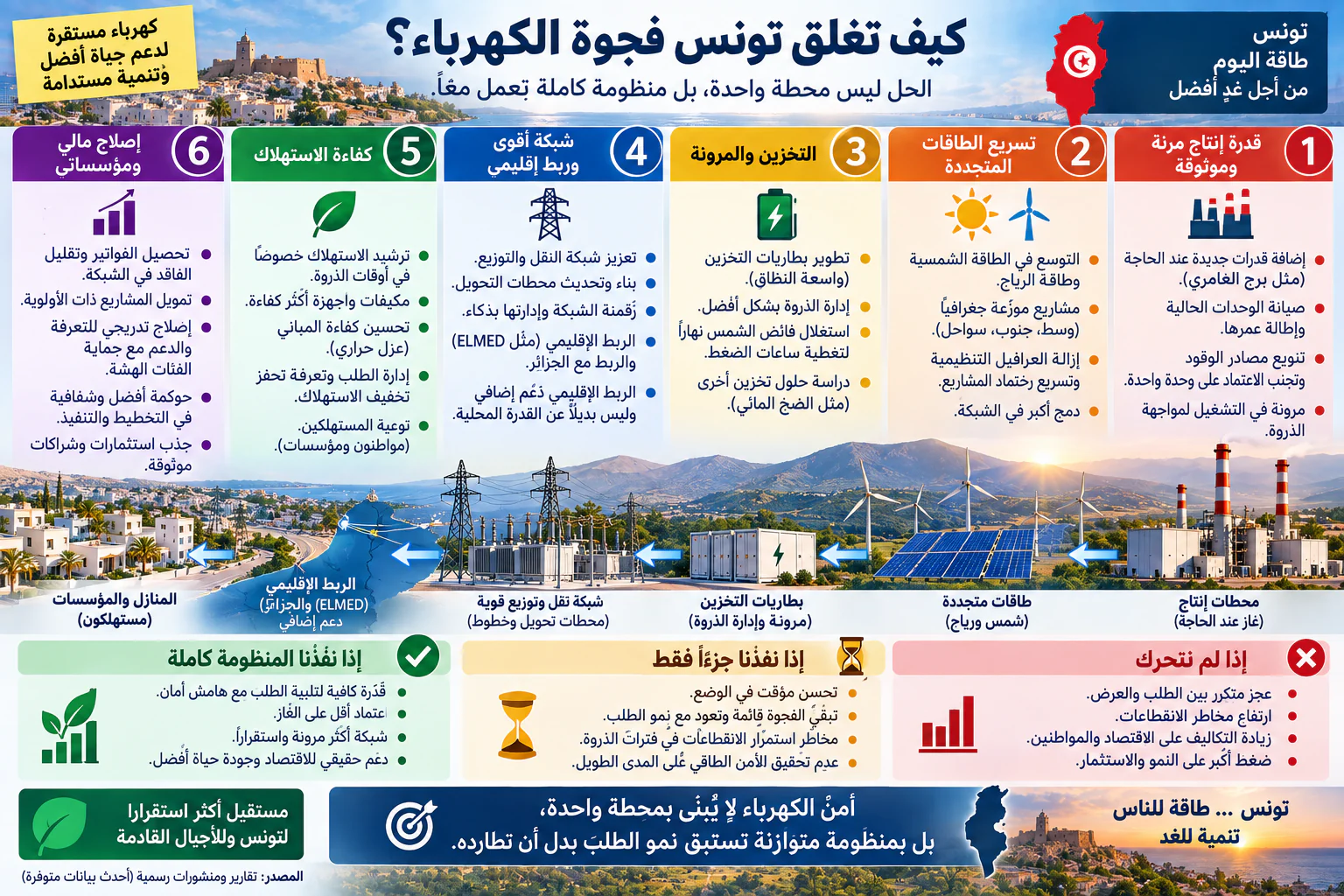 إنفوجرافيك بعنوان «كيف تغلق تونس فجوة الكهرباء؟ الحل ليس محطة واحدة، بل منظومة كاملة تعمل معا». يعرض ست ركائز مرقمة من اليمين إلى اليسار: (1) قدرة إنتاج مرنة وموثوقة: إضافة قدرات جديدة عند الحاجة مثل برج العامري، وصيانة الوحدات الحالية، وتنويع مصادر الوقود، ومرونة في التشغيل لمواجهة الذروة؛ (2) تسريع الطاقات المتجددة: التوسع في الشمس والرياح، ومشاريع موزعة جغرافيا، وإزالة العراقيل التنظيمية، ودمج أكبر في الشبكة؛ (3) التخزين والمرونة: بطاريات واسعة النطاق، وإدارة الذروة، واستغلال فائض الشمس نهارا لتغطية ساعات الضغط، ودراسة حلول تخزين أخرى؛ (4) شبكة أقوى وربط إقليمي: تعزيز شبكة النقل والتوزيع، وبناء محطات تحويل، ورقمنة الشبكة، والربط الإقليمي مثل ELMED والربط مع الجزائر كدعم إضافي وليس بديلا عن القدرة المحلية؛ (5) كفاءة الاستهلاك: ترشيد الاستهلاك في أوقات الذروة، ومكيفات وأجهزة أكثر كفاءة، وتحسين كفاءة المباني، وإدارة الطلب والتعرفة، وتوعية المستهلكين؛ (6) إصلاح مالي ومؤسساتي: تحصيل الفواتير وتقليل الفاقد، وتمويل المشاريع ذات الأولوية، وإصلاح تدريجي للتعرفة والدعم مع حماية الفئات الهشة، وحوكمة أفضل، وجذب استثمارات وشراكات موثوقة. وفي الأسفل مقارنة بين ثلاثة مسارات: إذا لم نتحرك (عجز متكرر وارتفاع مخاطر الانقطاعات وزيادة التكاليف)، وإذا نفذنا جزءا فقط (تحسن مؤقت وتبقى الفجوة قائمة)، وإذا نفذنا المنظومة كاملة (قدرة كافية مع هامش أمان واعتماد أقل على الغاز وشبكة أكثر مرونة). الخلاصة: أمن الكهرباء لا يُبنى بمحطة واحدة، بل بمنظومة متوازنة تستبق نمو الطلب بدل أن تطارده.