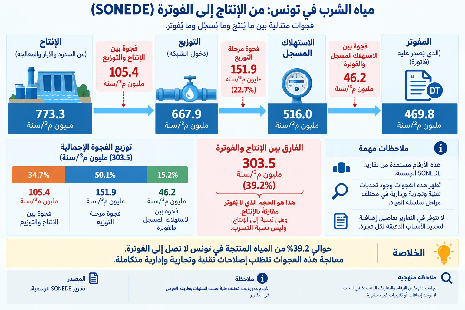 إنفوجرافيك بعنوان «مياه الشرب في تونس: من الإنتاج إلى الفوترة (SONEDE)» يعرض سلسلة 2023 كمراحل متتالية من اليمين إلى اليسار: الإنتاج 773.3 مليون م³ في السنة، ثم التوزيع 667.9 (فجوة بين الإنتاج والتوزيع 105.4)، ثم الاستهلاك المسجل 516.0 (فجوة مرحلة التوزيع 151.9 أي 22.7%)، ثم المفوتر 469.8 (فجوة بين الاستهلاك المسجل والفوترة 46.2). الفارق بين الإنتاج والفوترة 303.5 مليون م³ في السنة (39.2%)، وهو الحجم الذي لا يُفوتر مقارنة بالإنتاج، وهي نسبة إلى الإنتاج وليست نسبة تسرب. يوزع الرسم الفجوة الإجمالية إلى 34.7% و50.1% و15.2% للمراحل الثلاث. ملاحظات: الأرقام من تقارير SONEDE الرسمية، وتظهر الفجوات تحديات تقنية وتجارية وإدارية، ولا تتوفر تفاصيل لتحديد الأسباب الدقيقة لكل فجوة.