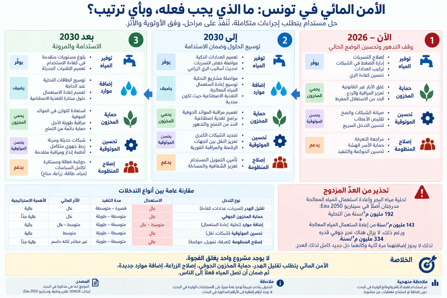 إنفوجرافيك بعنوان «الأمن المائي في تونس: ما الذي يجب فعله، وبأي ترتيب؟ حل مستدام يتطلب إجراءات متكاملة تُنفذ على مراحل وفق الأولوية والأثر». ثلاث مراحل من اليمين إلى اليسار: (1) الآن–2026 لوقف التدهور وتحسين الوضع الحالي: توفير المياه (إصلاح التسريبات، إدارة الضغط في الشبكات، تركيب العدادات، تحسين كفاءة الري)، حماية المخزون (غلق الآبار غير القانونية، تعزيز المراقبة والردع، الحد من الاستغلال المفرط)، تحسين الموثوقية (صيانة الشبكات والضخ، تقليص الأعطاب، تحسين التدخل السريع)، إصلاح المنظومة (مراجعة التعرفة، حماية الأسر الهشة، تحسين الحوكمة والتنفيذ)؛ (2) إلى 2030 لتوسيع الحلول وضمان الاستدامة: تعميم العدادات الذكية وخفض التسربات وتحديث أساليب الري، ومواصلة مشاريع التحلية وتوسيع إعادة استعمال المياه المعالجة والتغذية الاصطناعية حيث تكون مجدية، وتعميم مراقبة الموائد الجوفية والحد من التملح، وتجديد الشبكات الكبرى وتعزيز النقل بين الجهات والرقمنة، وتأمين التمويل المستدام والشفافية والمساءلة؛ (3) بعد 2030 للاستدامة والمرونة. جدول مقارنة عامة بين أنواع التدخلات (تقليل الهدر، حماية المخزون الجوفي، إضافة موارد، تحسين الموثوقية، إصلاح المنظومة) حسب الاستعجال ومدة التنفيذ والأثر المائي والأهمية الاستراتيجية (تقييم نوعي). تحذير من العدّ المزدوج: تحلية مياه البحر وإعادة استعمال المياه المعالجة مدرجتان أصلا في سيناريو Eau 2050 (192 مليون م³ في السنة من التحلية و143 مليون م³ في السنة من إعادة الاستعمال)، ورغم ذلك لا يزال هناك عجز جوفي قدره 334 مليون م³ في السنة؛ لذلك لا يجوز إضافتهما مرة ثانية كأنهما حل جديد لكامل ذلك العجز. الخلاصة: لا يوجد مشروع واحد يغلق الفجوة.